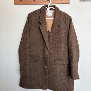 Old Navy Brown Herringbone Tweed Coat Blazer Jacket XL Oversized Longline